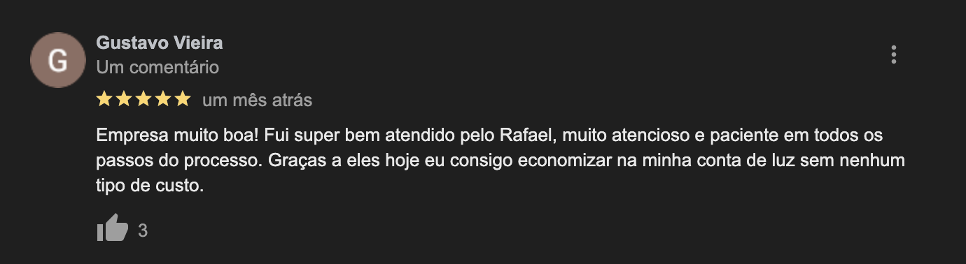 Avaliacão positiva Gustavo Vieira - Energia Ubumtu Matrix | Economize na Conta de Energia | Energia Sustentável